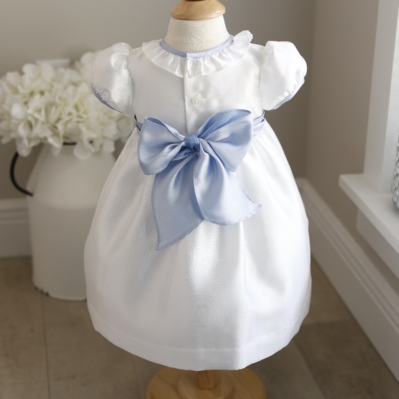 White Flower Girl Dress with Blue Sash and Bloomer Size 12 Month New Wit… - Picture 4 of 7
